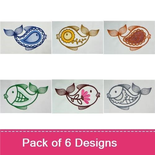 Colorful Folk Art Fish Embroidery Designs Bundle – Blue, Yellow, Brown, Green & More (6 Designs)