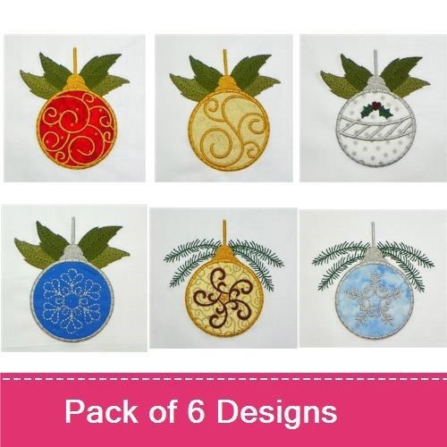 Applique Christmas Ornament Embroidery Designs Bundle – Red Ornament, Gold Ornament, Blue Ornament & More (6 Designs)