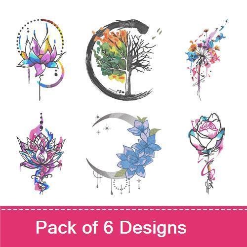 Colorful Floral Art Embroidery Designs Bundle – Lotus Flower, Abstract Tree, Floral Elements & More (6 Designs)