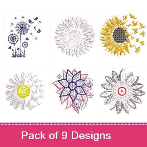 Sunflower & Butterfly Embroidery Designs Bundle – Sunflower with Yellow Center, Butterfly Cluster, Inspirational Quote & More (9 Designs)