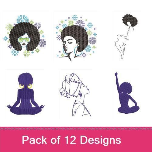 Afro Chic Silhouettes Embroidery Designs Bundle – Afro Woman with Sunglasses, Meditating Woman, Woman with Flowers & More (12 Designs)