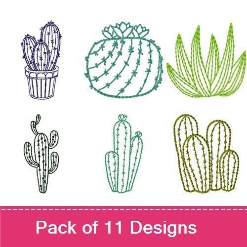 Redwork Cactus Embroidery Bundle – Cactus in Pot with Flowers, Tall Cactus, Short Cactus & More (11 Designs)