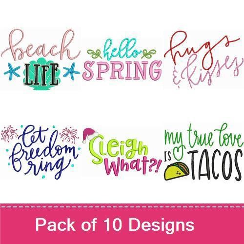 Fun & Festive Spring Embroidery Designs Bundle – Hello Spring, Beach Life, Hugs & Kisses & More (10 Designs)