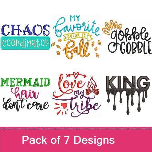Inspirational Quotes Embroidery Designs Bundle – My Favorite Color is Fall, Chaos Coordinator, Gospel Gobble & More (7 Designs)