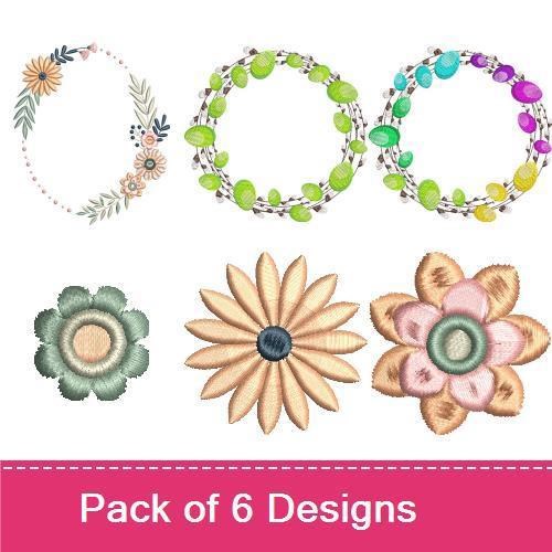 Floral Wreath Embroidery Designs Bundle – Spring Floral Wreaths, Orange Flowers, Purple Accents & More (6 Designs)