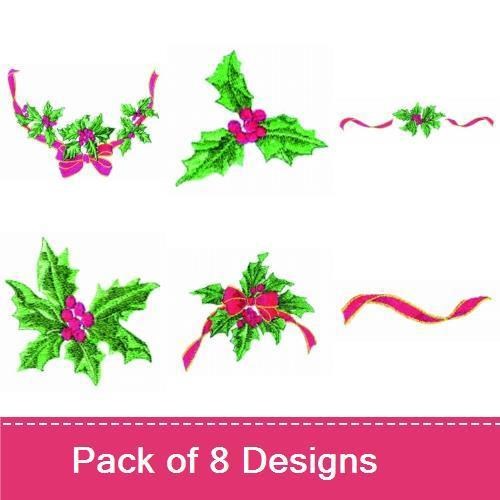 Holly & Ribbon Embroidery Designs Bundle – Holly Wreath, Holly with Red Berries, & More (8 Designs)