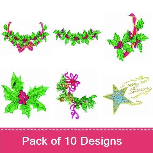Holly Wreath & Holiday Decorations Embroidery Designs Bundle – Holly Wreath with Bow, Star Ornament, & More (10 Designs)