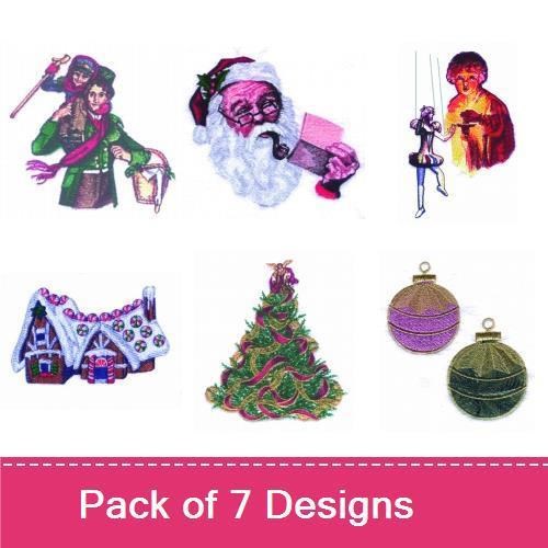 Vintage Christmas Characters Embroidery Designs Bundle – Christmas Tree, Victorian Santa, Caroler & More (7 Designs)