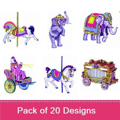 Vintage Circus Embroidery Designs Bundle – Circus Elephant, Carousel Horse, Clown Face & More (10 Designs)