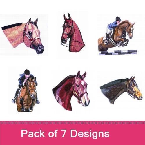 Equestrian Themed Embroidery Designs Bundle – Horse Head Portrait, Jumping Horse with Rider, Chestnut Horse Head & More (7 Designs)