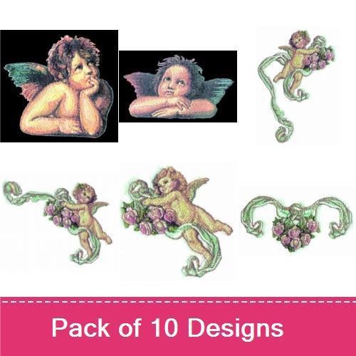 Cherubs & Floral Hearts Embroidery Designs Bundle – Cherub with Wings, Floral Heart with Vines, & More (10 Designs)