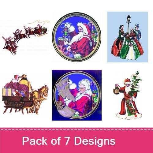 Vintage Christmas Embroidery Bundle – Santa with Gifts, Victorian Carolers, Christmas Landscape & More (7 Designs)