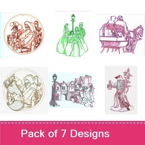 Redwork Vintage Christmas Scenes Embroidery Designs Bundle – Santa with Toys, Christmas Tree with Ornaments, Sleigh with Reindeer & More (7 Designs)