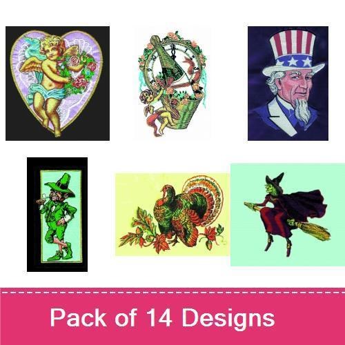 Holiday and Seasonal Vintage Embroidery Designs Bundle – Cherub with Flowers, Easter Bunny, Uncle Sam & More (7 Designs)