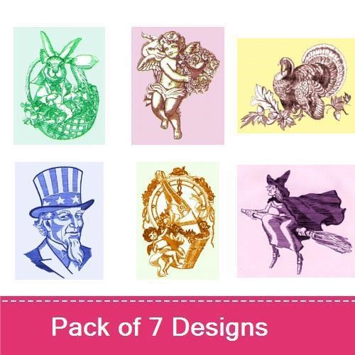 Vintage Holiday Characters Embroidery Designs Bundle – Uncle Sam, Easter Bunny, Thanksgiving Turkey & More (7 Designs)