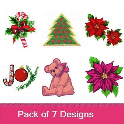 Applique Festive Holiday Embroidery Designs Bundle – Candy Cane with Bow, Christmas Tree, Poinsettia & More (7 Designs)