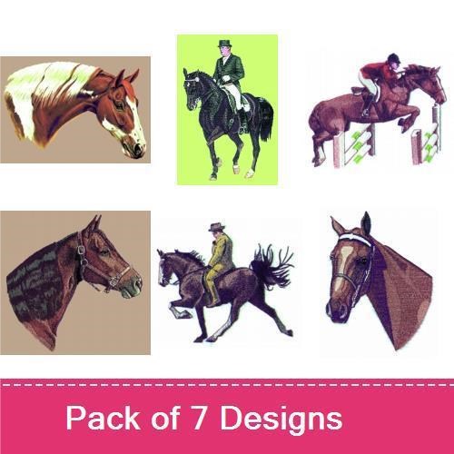 Equestrian Themes Embroidery Designs Bundle – Horse Head Profile, Rider on Horse, Horse Jumping & More (7 Designs)