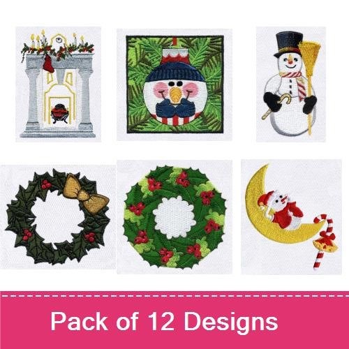 Christmas Decorations Embroidery Designs Bundle – Cozy Fireplace, Jolly Snowman, Christmas Tree & More (12 Designs)