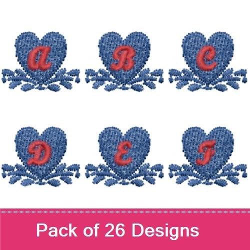 Denim Heart Alphabet Embroidery Designs Bundle – Heart with A, Heart with B, Heart with C & More (26 Designs)