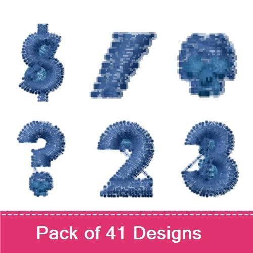 Denim-Themed Alphabet & Numbers Embroidery Designs Bundle – Skull Letter, Number 1, Number 2 & More (41 Designs)