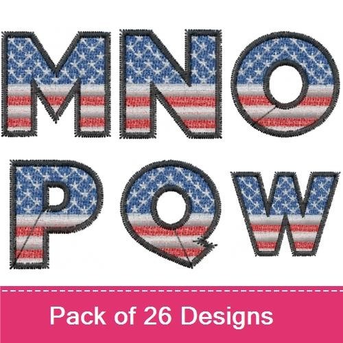 Applique American Flag Alphabet Embroidery Bundle – A, B, C, D, E, F, G, H & More (26 Designs)