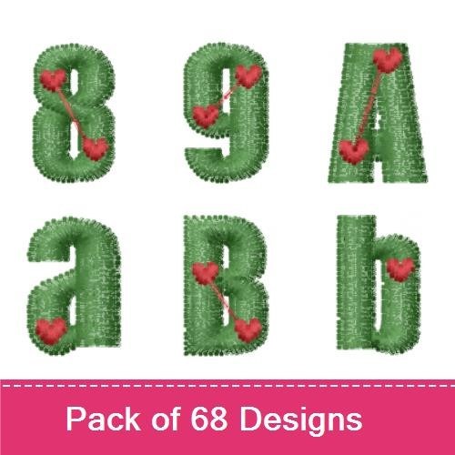 Valentine's Themed Alphabet Embroidery Designs Bundle – Number 0 with Hearts, Number 1 with Hearts, Number 2 with Hearts & More (68 Designs)
