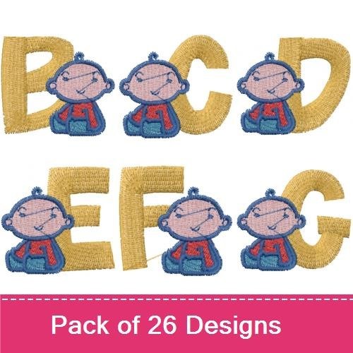 Baby Alphabet Characters Embroidery Designs Bundle – A with Baby Character, B with Baby Character, C with Baby Character & More (26 Designs)