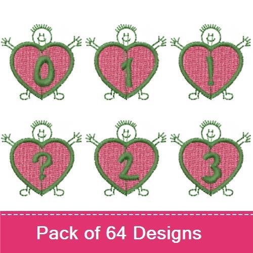 Heart Characters with Numbers Embroidery Designs Bundle – Heart Character with 0, Heart Character with 1, Heart Character with 2 & More (64 Designs)