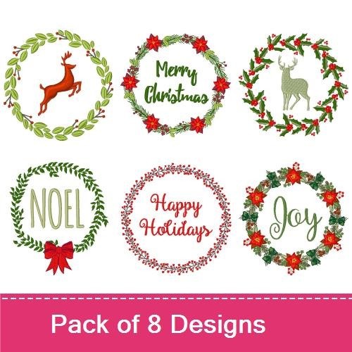 Christmas Wreath Embroidery Designs Bundle – Merry Christmas, Reindeer, Joy & More (8 Designs)