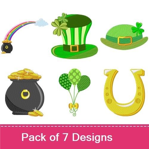 St. Patrick's Day Embroidery Designs Bundle – Horseshoe, Pot of Gold, St. Patrick's Day Hat & More (7 Designs)