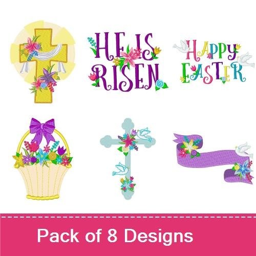 Easter Celebration Embroidery Designs Bundle – Easter Cross with Flowers, He is Risen, Happy Easter & More (8 Designs)