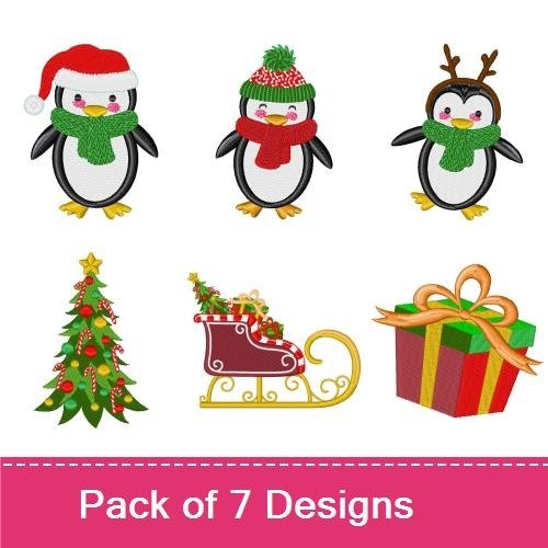 Christmas Penguin Embroidery Designs Bundle – Penguin with Santa Hat, Penguin with Scarf, Christmas Tree & More (7 Designs)