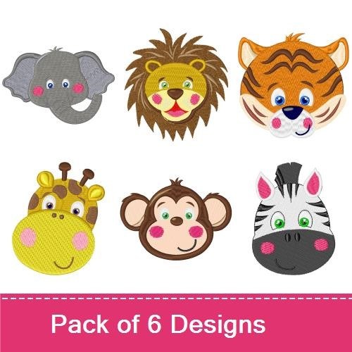 Cute Jungle Animal Faces Embroidery Bundle – Lion, Elephant, Tiger & More (6 Designs)