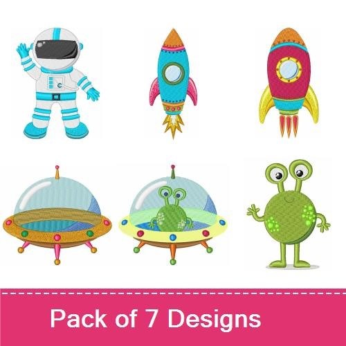 Space-Themed Embroidery Designs Bundle – Astronaut, Rocket, UFO, Alien & More (7 Designs)