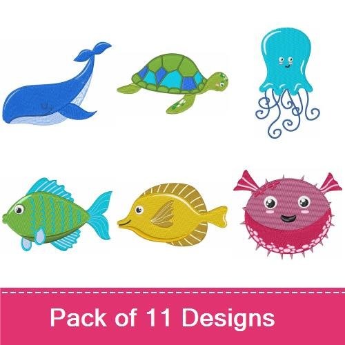 Ocean Animals Embroidery Designs Bundle – Seahorse, Shark, Whale, Octopus & More (11 Designs)