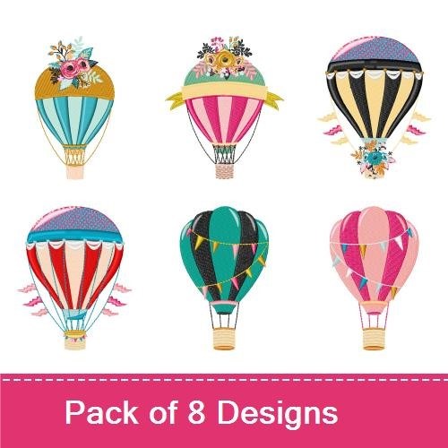 Hot Air Balloon Embroidery Designs Bundle – Floral Balloon, Black & Gold Balloon, Striped Balloon & More (8 Designs)