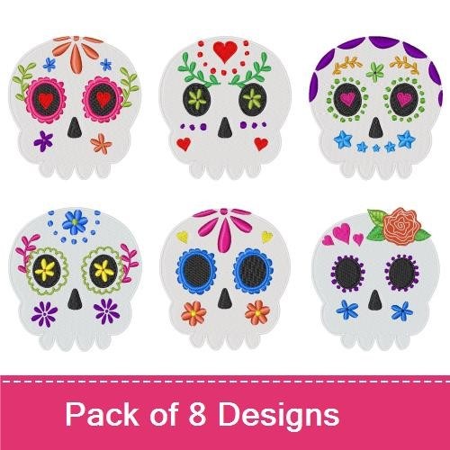 Colorful Sugar Skulls Embroidery Designs Bundle – Flowers, Hearts, Mustache & More (8 Designs)