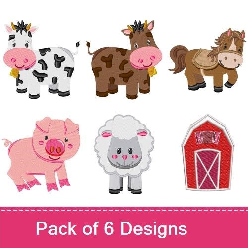 Farm Animal Embroidery Bundle – Cow with Bell, Brown Cow, Pig & More (6 Designs)