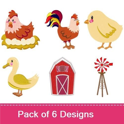 Farm Animal Embroidery Bundle – Hen Sitting on Eggs, Rooster, Chick & More (6 Designs)