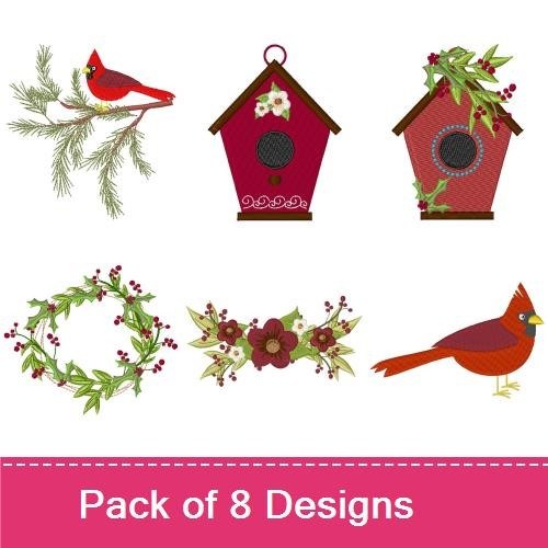 Cardinals & Birdhouses Embroidery Bundle – Pine Branch, Wreath, Holly & More (8 Designs)