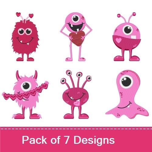 Cute Pink Monster Embroidery Designs Bundle – Cute Pink Monster with Hearts, Monster Holding Chocolate, Happy Pink Monster & More (7 Designs)