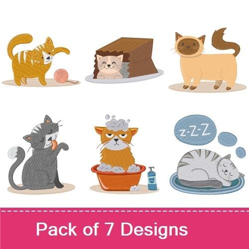 Playful Cats Embroidery Designs Bundle – Orange Cat with Yarn, Cat in Box, Siamese Cat & More (7 Designs)