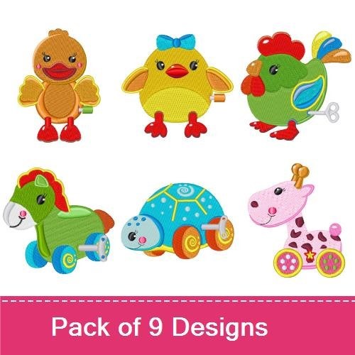 ITH Wind-Up Animal Toys Embroidery Designs Bundle – Duck, Chick, Rooster, Parrot & More (9 Designs)