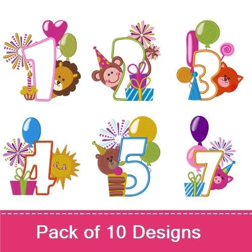 Applique Birthday Numbers Embroidery Bundle – Number 1 with Balloons and Cake, Number 2 with Monkey, & More (10 Designs)