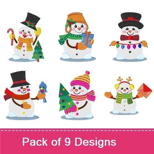Cheerful Snowmen Embroidery Designs Bundle – Snowman with Gifts, Snowman with Hat, & More (9 Designs)