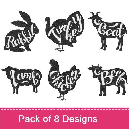 Farm Animal Silhouettes Embroidery Bundle – Rabbit, Turkey, Goat, Lamb & More (8 Designs)