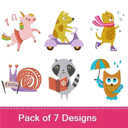 Unicorn, Dog, Cat & Snail Embroidery Bundle – Fun Animal Designs (7 Designs)