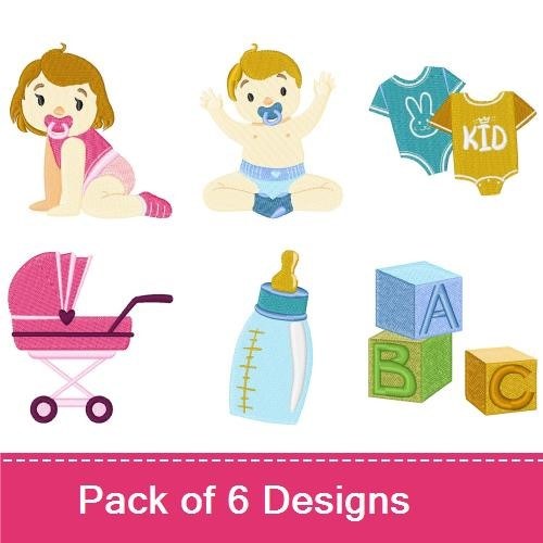 Baby Essentials Embroidery Designs Bundle – Baby with Pacifier, Baby in Diaper, Baby Stroller & More (6 Designs)