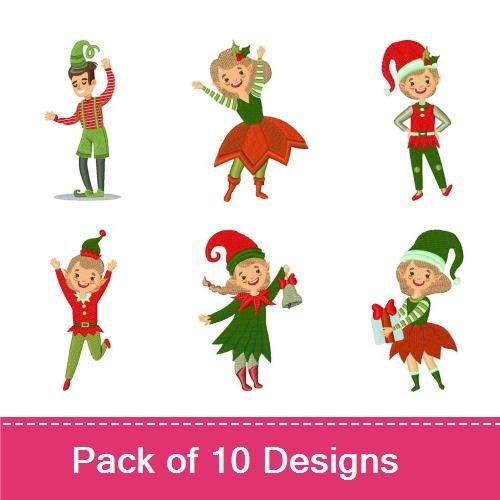 Festive Elf Characters Embroidery Designs Bundle – Girl Elf with Gift, Boy Elf with Christmas Tree, Elf Dancing & More (10 Designs)