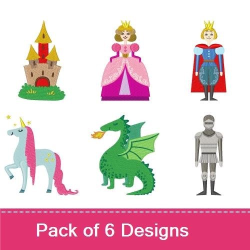 Fairy Tale Characters Embroidery Designs Bundle – Princess, Dragon, Knight & More (6 Designs)